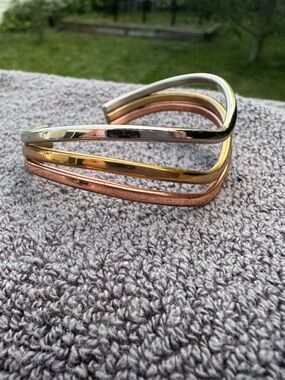 Vintage three metal curved artisan cuff bracelet